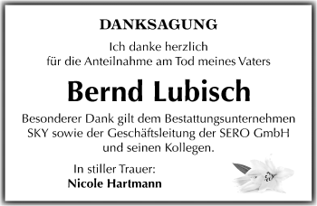 Traueranzeige von Bernd Lubisch von Mitteldeutsche Zeitung Wittenberg