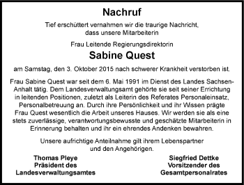 Traueranzeige von Sabine Quest von Mitteldeutsche Zeitung