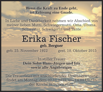 Traueranzeige von Erika Fischer von Super Sonntag Zeitz