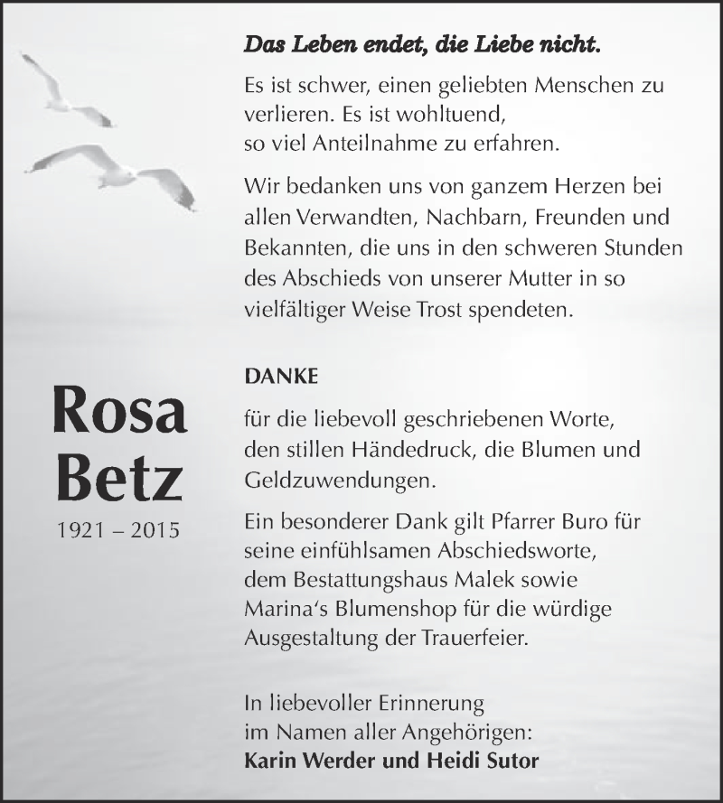  Traueranzeige für Rosa Betz vom 31.10.2015 aus Super Sonntag Quedlinburg