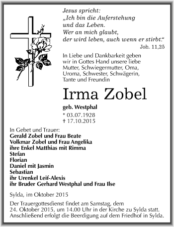 Traueranzeige von Irma Zobel von Mitteldeutsche Zeitung Mansfelder Land