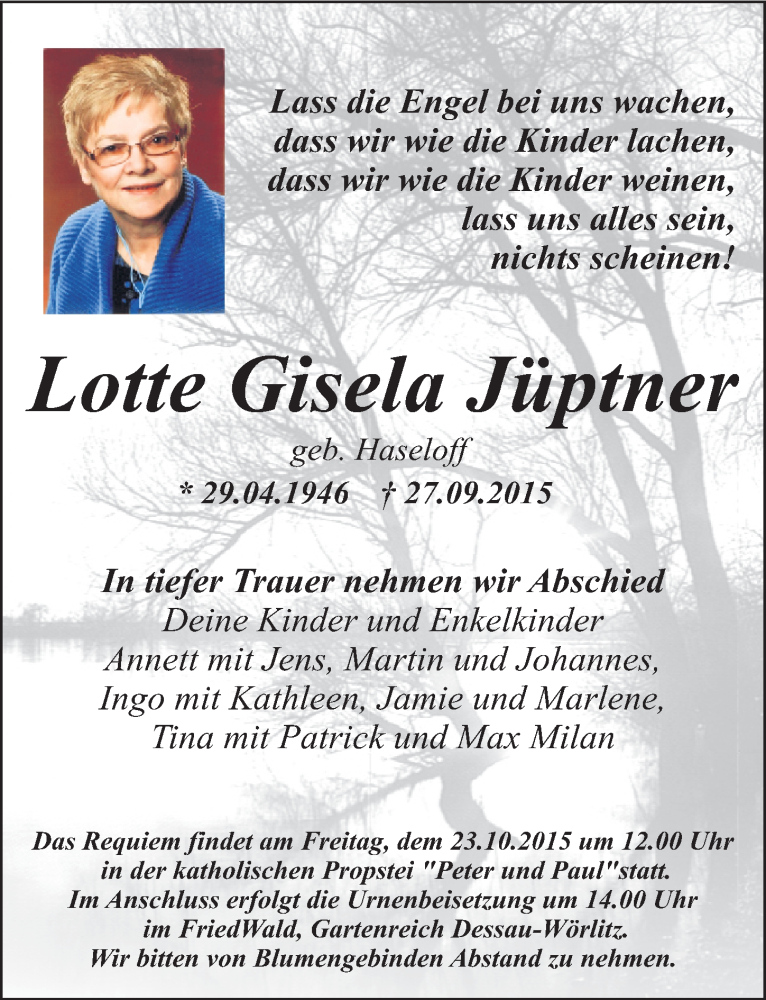  Traueranzeige für Lotte Gisela Jüptner vom 14.10.2015 aus Mitteldeutsche Zeitung Dessau-Roßlau