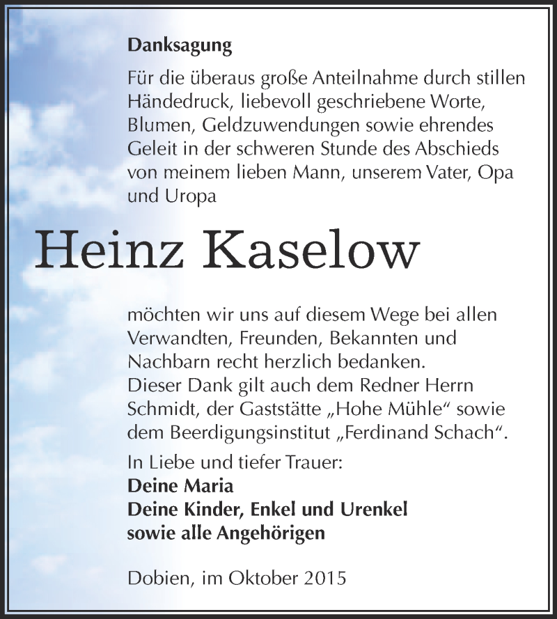  Traueranzeige für Heinz Kaselow vom 17.10.2015 aus WVG - Wochenspiegel Wittenberg