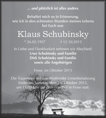 Traueranzeige von Klaus Schubinsky von Super Sonntag Aschersleben