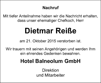 Traueranzeige von Dietmar Reiße von Super Sonntag Quedlinburg