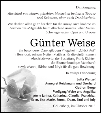 Traueranzeige von Günter Weise von Super Sonntag SGH Mansf. Land