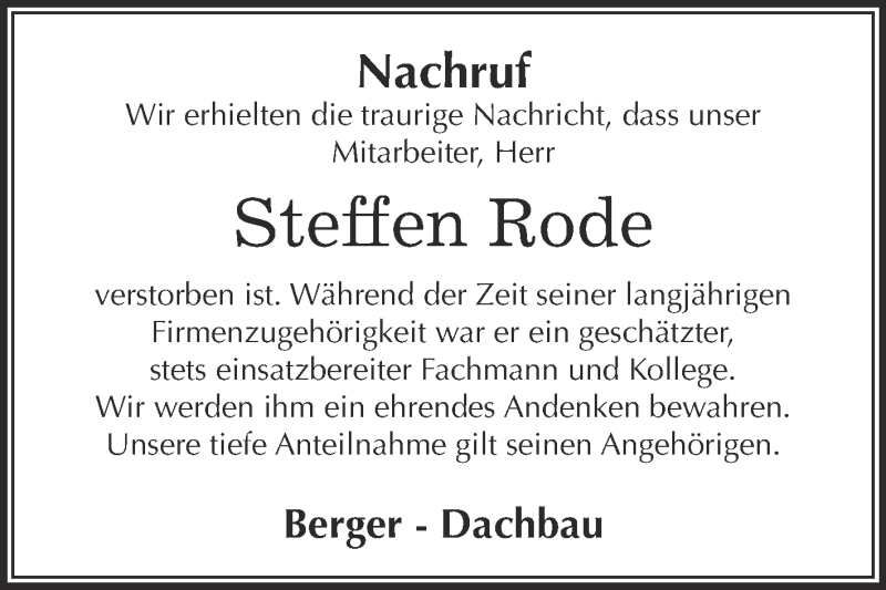  Traueranzeige für Steffen Rode vom 10.10.2015 aus WVG - Wochenspiegel Dessau / Köthen