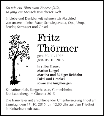 Traueranzeige von Fritz Thörmer von Super Sonntag SGH Mansf. Land