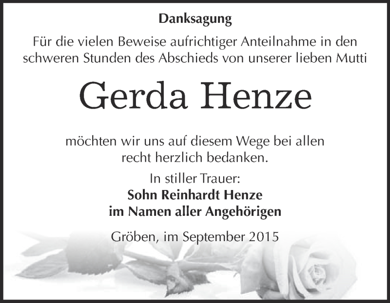  Traueranzeige für Gerda Henze vom 07.10.2015 aus WVG - Wochenspiegel NMB / WSF / ZTZ