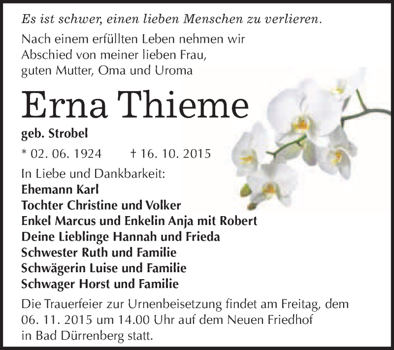  Traueranzeige für Erna Thieme vom 24.10.2015 aus WVG - Wochenspiegel Merseburg