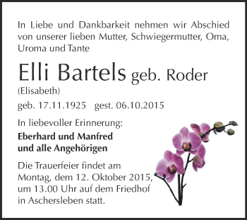 Traueranzeige von Elli Bartels von Super Sonntag Aschersleben