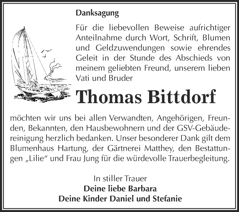  Traueranzeige für Thomas Bittdorf vom 10.10.2015 aus WVG - Wochenspiegel Dessau / Köthen