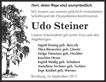 Traueranzeige von Udo Steiner von Super Sonntag Bernburg