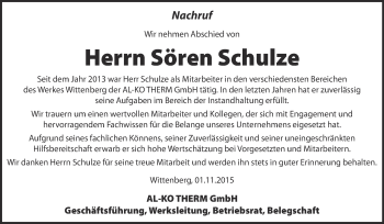 Traueranzeige von Sören Schulze von WVG - Wochenspiegel Wittenberg