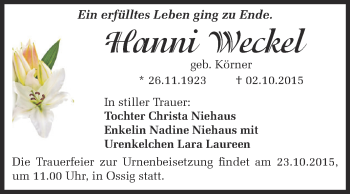 Traueranzeige von Hanni Weckel von Super Sonntag Zeitz