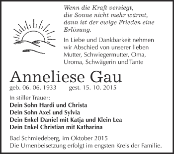 Traueranzeige von Anneliese Gau von WVG - Wochenspiegel Wittenberg