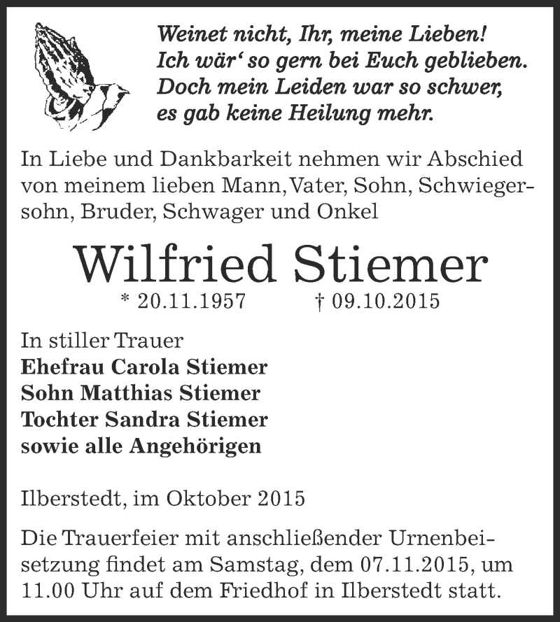  Traueranzeige für Wilfried Stiemer vom 17.10.2015 aus Super Sonntag Bernburg