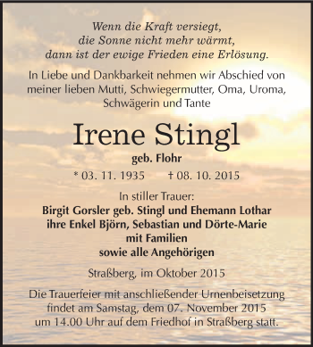 Traueranzeige von Irene Stingl von WVG - Wochenspiegel Quedlinburg