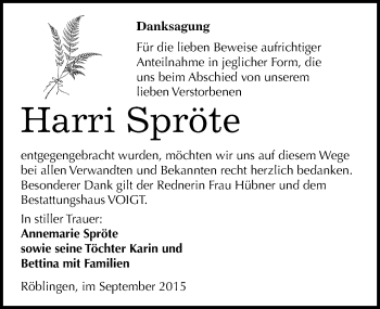 Traueranzeige von Harri Spröte von Mitteldeutsche Zeitung Mansfelder Land