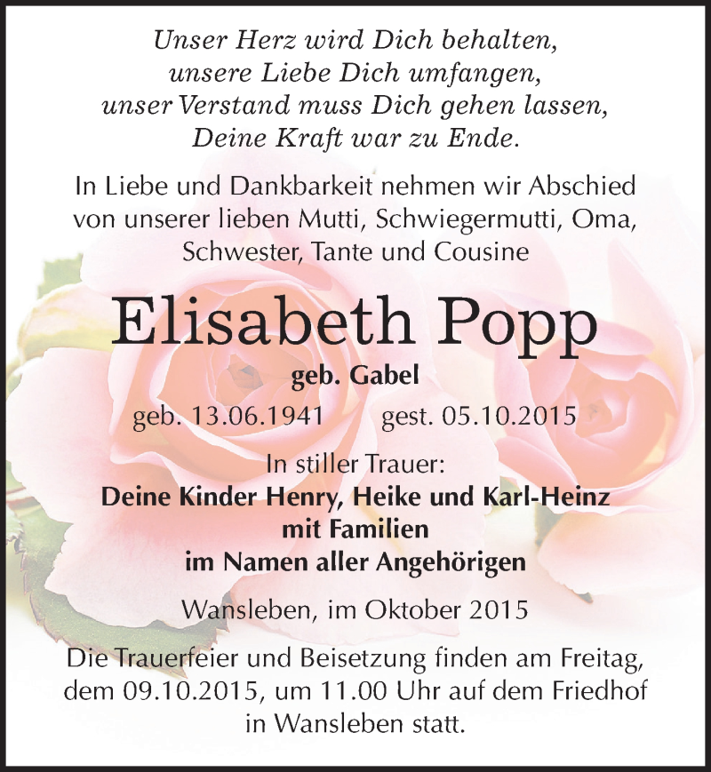  Traueranzeige für Elisabeth Popp vom 07.10.2015 aus Mitteldeutsche Zeitung Mansfelder Land
