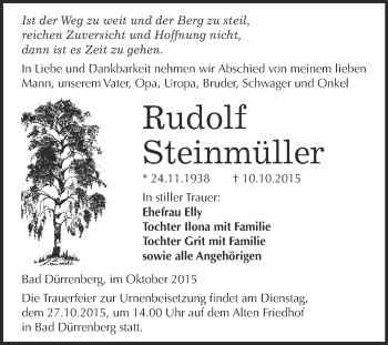 Traueranzeige von Rudolf Steinmüller von Super Sonntag Merseburg