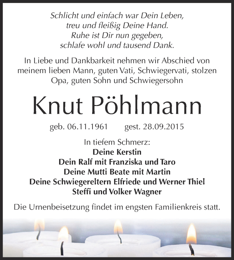  Traueranzeige für Knut Pöhlmann vom 10.10.2015 aus Super Sonntag Zeitz