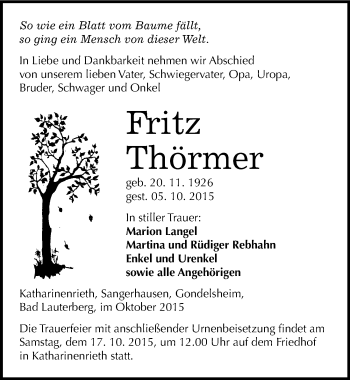 Traueranzeige von Fritz Thörmer von Mitteldeutsche Zeitung Sangerhausen