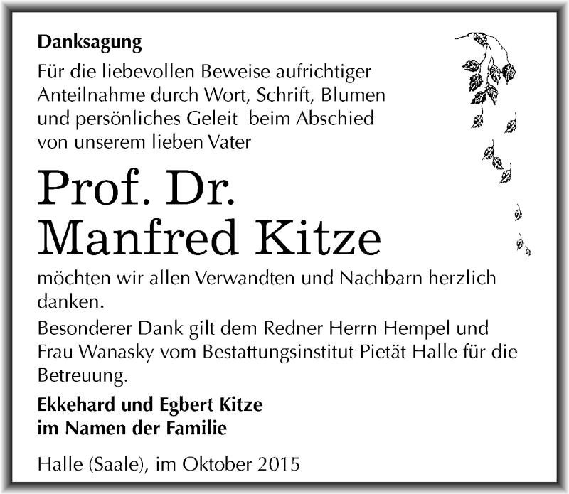 Traueranzeige für Manfred Kitze vom 24.10.2015 aus Mitteldeutsche Zeitung Halle/Saalkreis