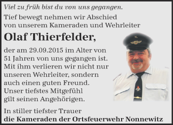 Traueranzeige von Olaf Thierfelder von Super Sonntag Zeitz