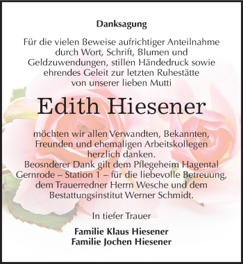Traueranzeige von Edith Hiesener von Mitteldeutsche Zeitung Quedlinburg