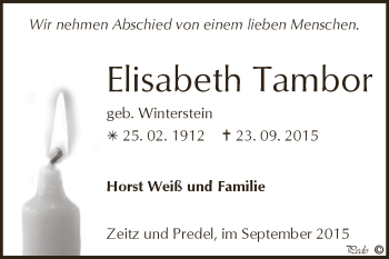 Traueranzeige von Elisabeth Tambor von Super Sonntag Zeitz