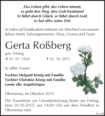 Traueranzeige von Gerta Roßberg von WVG - Wochenspiegel NMB / WSF / ZTZ
