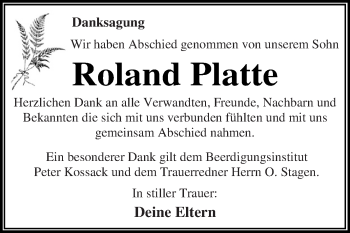 Traueranzeige von Roland Platte von WVG - Wochenspiegel Dessau / Köthen