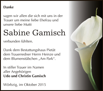 Traueranzeige von Sabine Gamisch von WVG - Wochenspiegel Dessau / Köthen