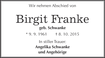 Traueranzeige von Birgit Franke von WVG - Wochenspiegel NMB / WSF / ZTZ