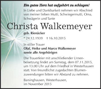 Traueranzeige von Christa Walkemeyer von WVG - Wochenspiegel Quedlinburg