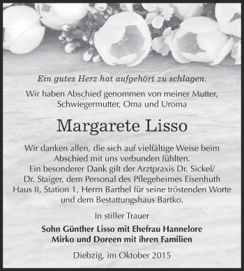 Traueranzeige von Margarete Lisso von WVG - Wochenspiegel Dessau / Köthen