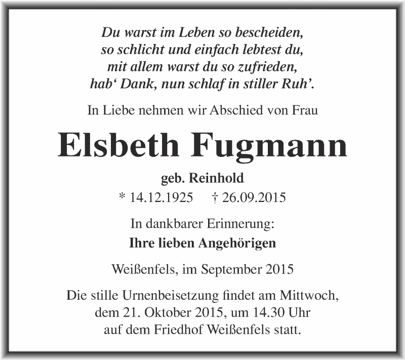 Traueranzeige für Elsbeth Fugmann vom 14.10.2015 aus Super Sonntag Merseburg