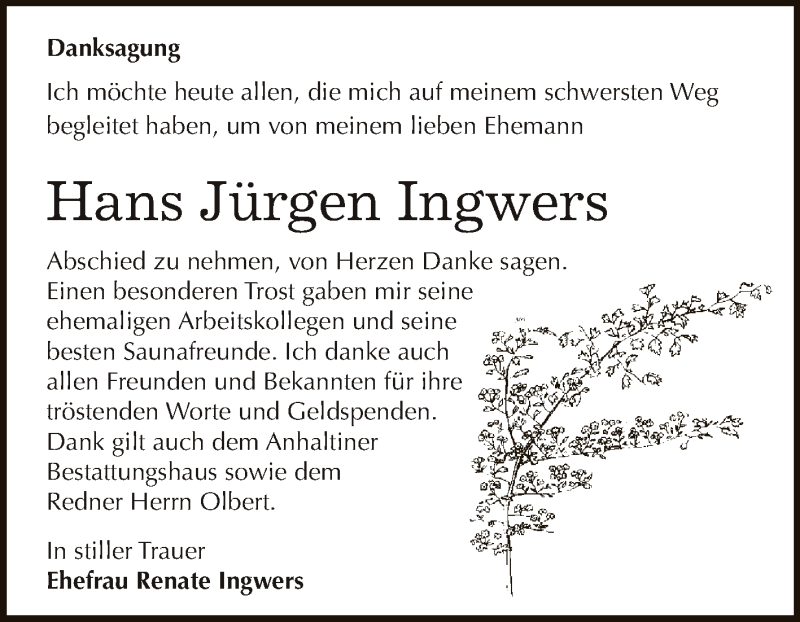  Traueranzeige für Hans Jürgen Ingwers vom 24.10.2015 aus WVG - Wochenspiegel Dessau / Köthen