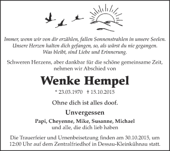 Traueranzeige von Wenke Hempel von WVG - Wochenspiegel Dessau / Köthen