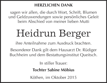 Traueranzeige von Heidrun Berger von WVG - Wochenspiegel Dessau / Köthen