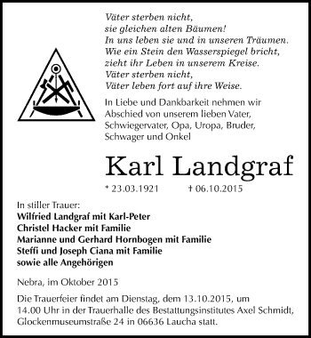 Traueranzeige von Karl Landgraf von Mitteldeutsche Zeitung Naumburg/Nebra