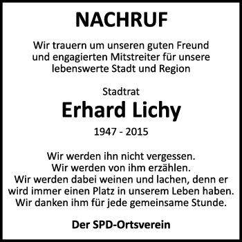 Traueranzeige von Erhard Lichy von WVG - Wochenspiegel NMB / WSF / ZTZ
