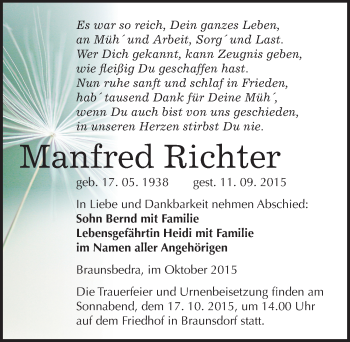 Traueranzeige von Manfred Richter von Mitteldeutsche Zeitung Merseburg/Querfurt