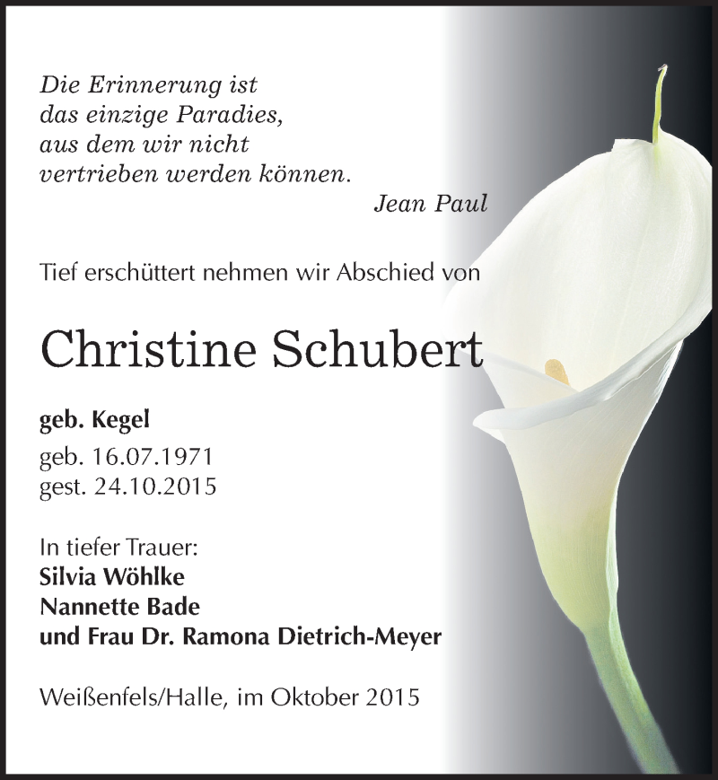  Traueranzeige für Christine Schubert vom 30.10.2015 aus Mitteldeutsche Zeitung Halle/Saalkreis