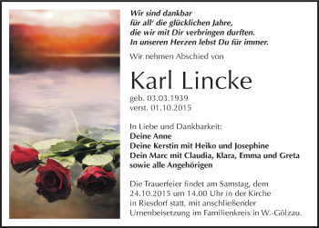 Traueranzeige von Karl Lincke von Mitteldeutsche Zeitung Köthen