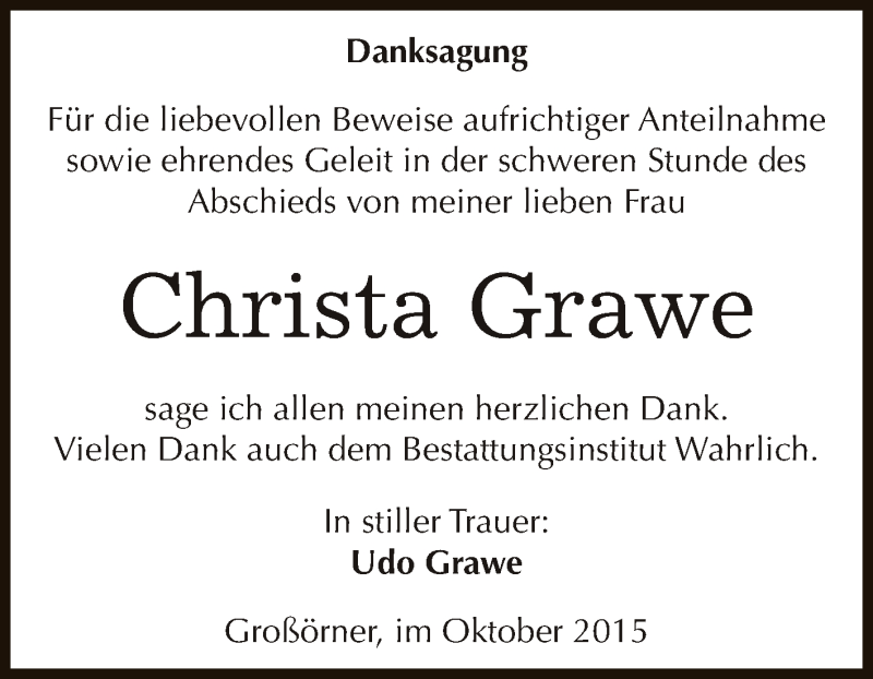  Traueranzeige für Christa Grawe vom 28.10.2015 aus Wochenspiegel Mansfelder Land