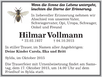 Traueranzeige von Hilmar Vollmann von Mitteldeutsche Zeitung Mansfelder Land
