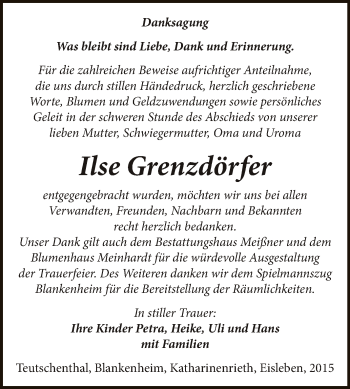 Traueranzeige von Ilse Grenzdörfer von Super Sonntag SGH Mansf. Land