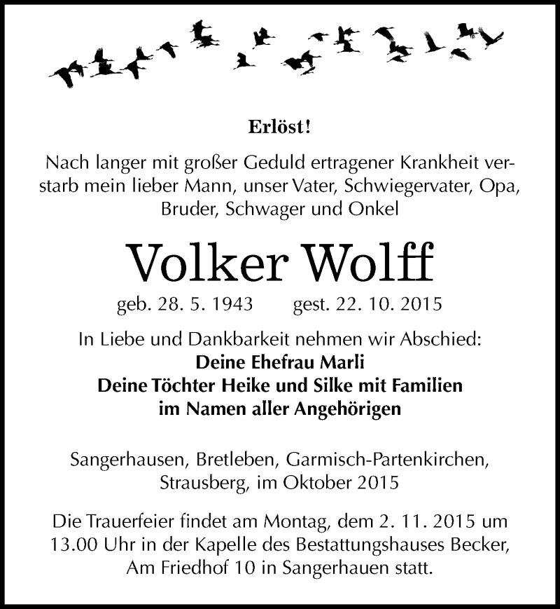  Traueranzeige für Volker Wolff vom 27.10.2015 aus Mitteldeutsche Zeitung Sangerhausen